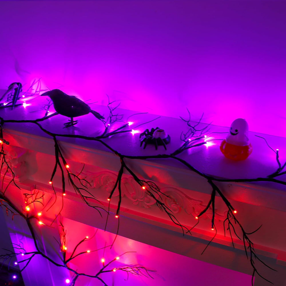 9 FT Halloween Lighted Twig Garland Decorations, 72 LED Orange Purple Lights ...