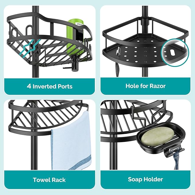 HAMITOR Corner Shower Caddy Tension Pole: Rustproof Stable 4-Tier Bathroom