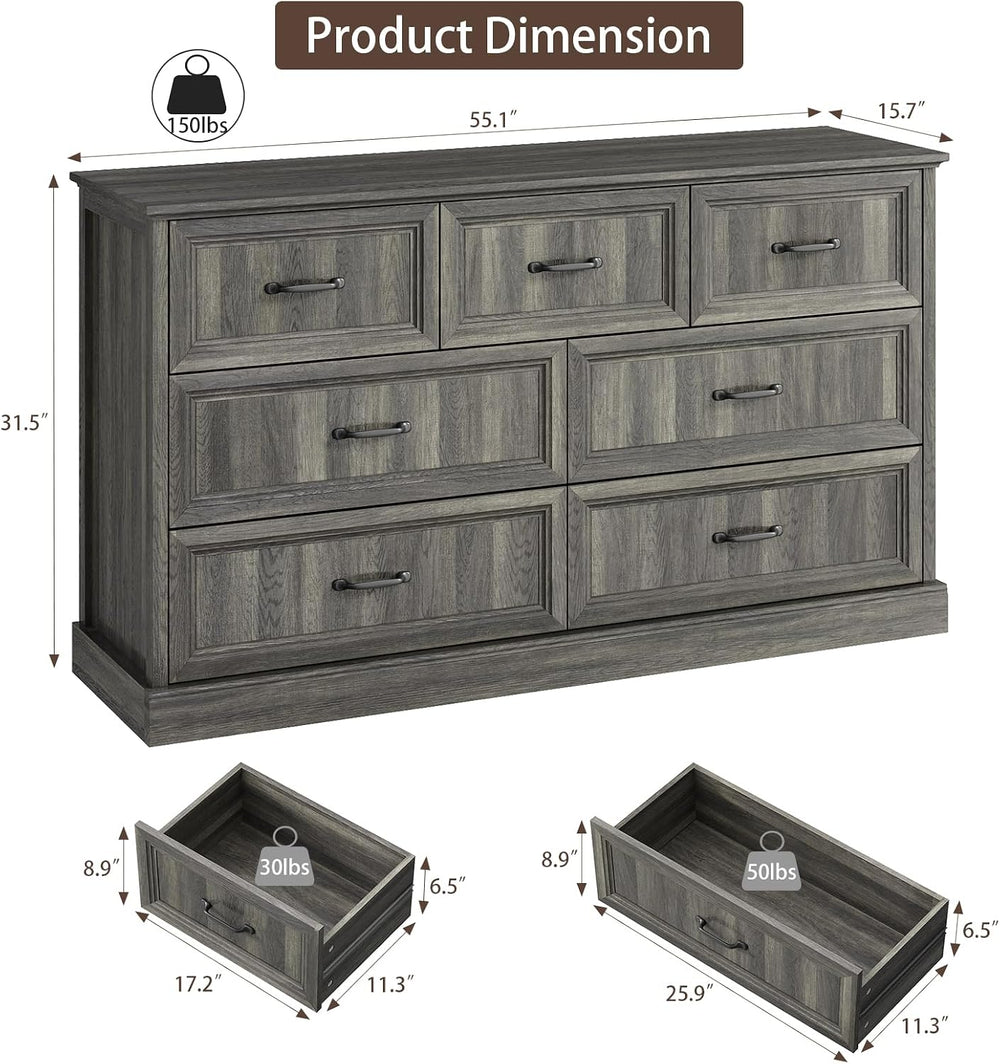 Farmhouse 7 Drawer Dresser for Bedroom, 55" Grey Dresser with TV Stand
