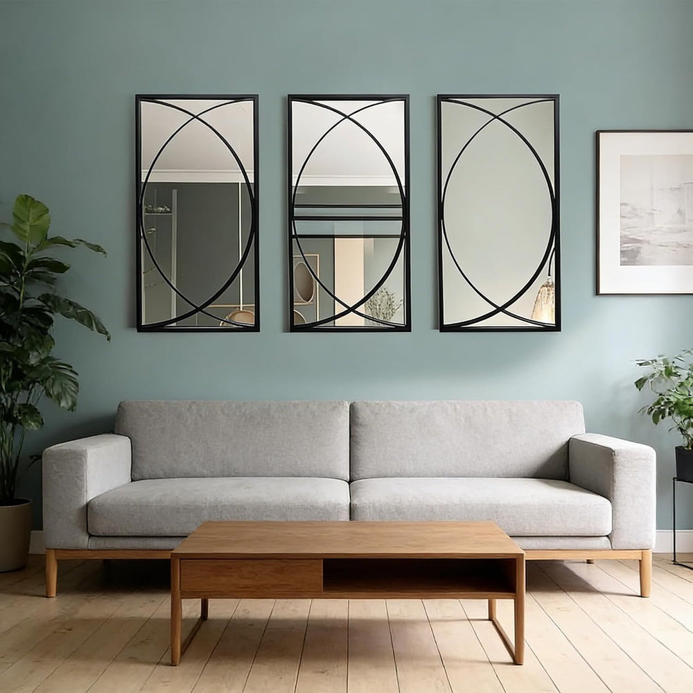 3 Pieces Black Rectangular Wall Mirror Set for Home Decor