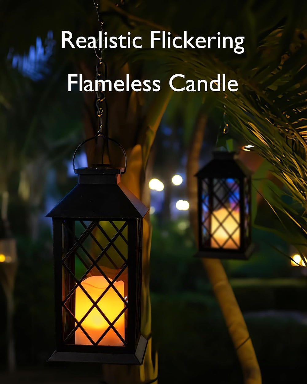 Homemory 2 Pack 13'' Black Solar Lanterns, Flickering Flame Hanging L...