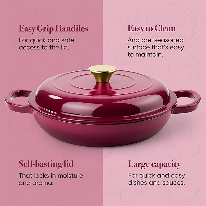 3 Quart Enameled Cast Iron Braiser, Non Stick Enameled Cast Iron Skillet