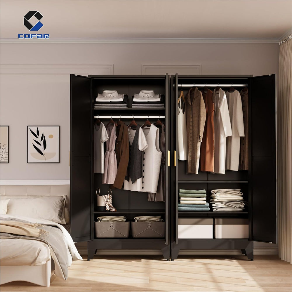 COFaR Metal Wardrobe Closet with Doors, Black Farmhouse Bedroom Armoires with...