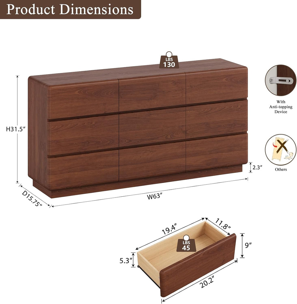 YANSNWO Walnut 9 Drawer Dresser for Bedroom, 63" Wide Chest of Drawers
