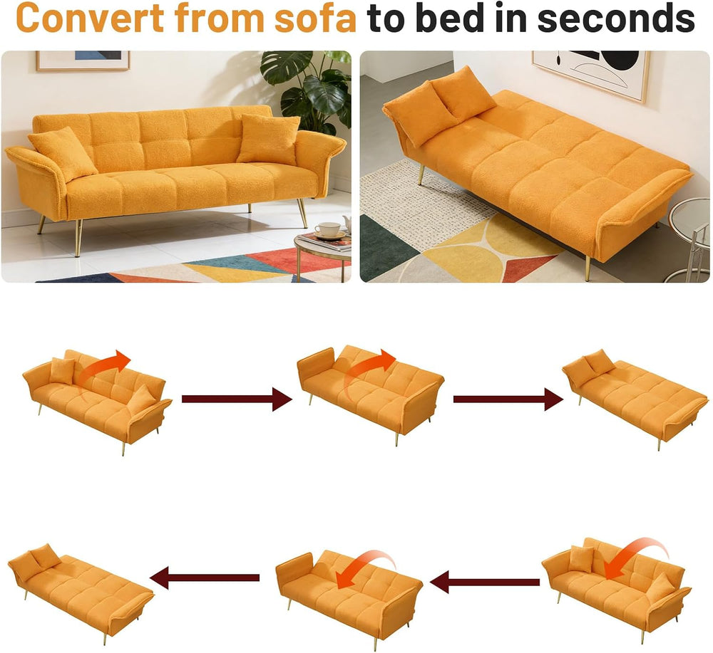 70" Futon Sofa Bed,Teddy Fleece Fabric Couch Bed (Yellow) | 3 Gear Adjus...