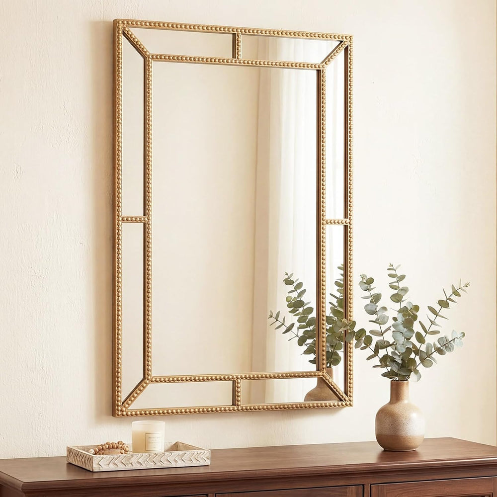 CHARMAID Gold Beaded Wall Mirror, 36"x24" Decorative Metal Framed V...