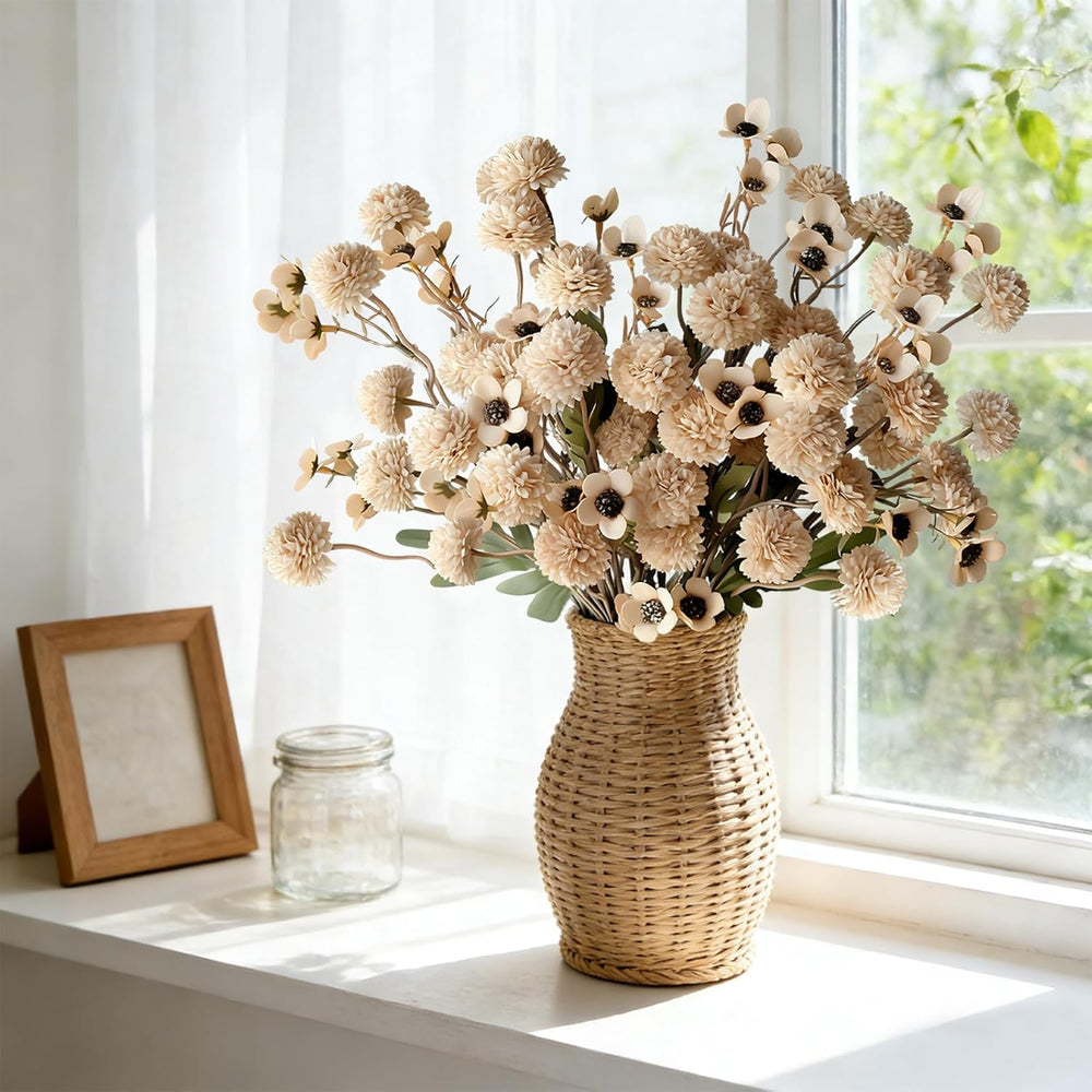 12 Pcs Fake Flowers Beige Faux Pompon Mums Artificial Flowers for Vase