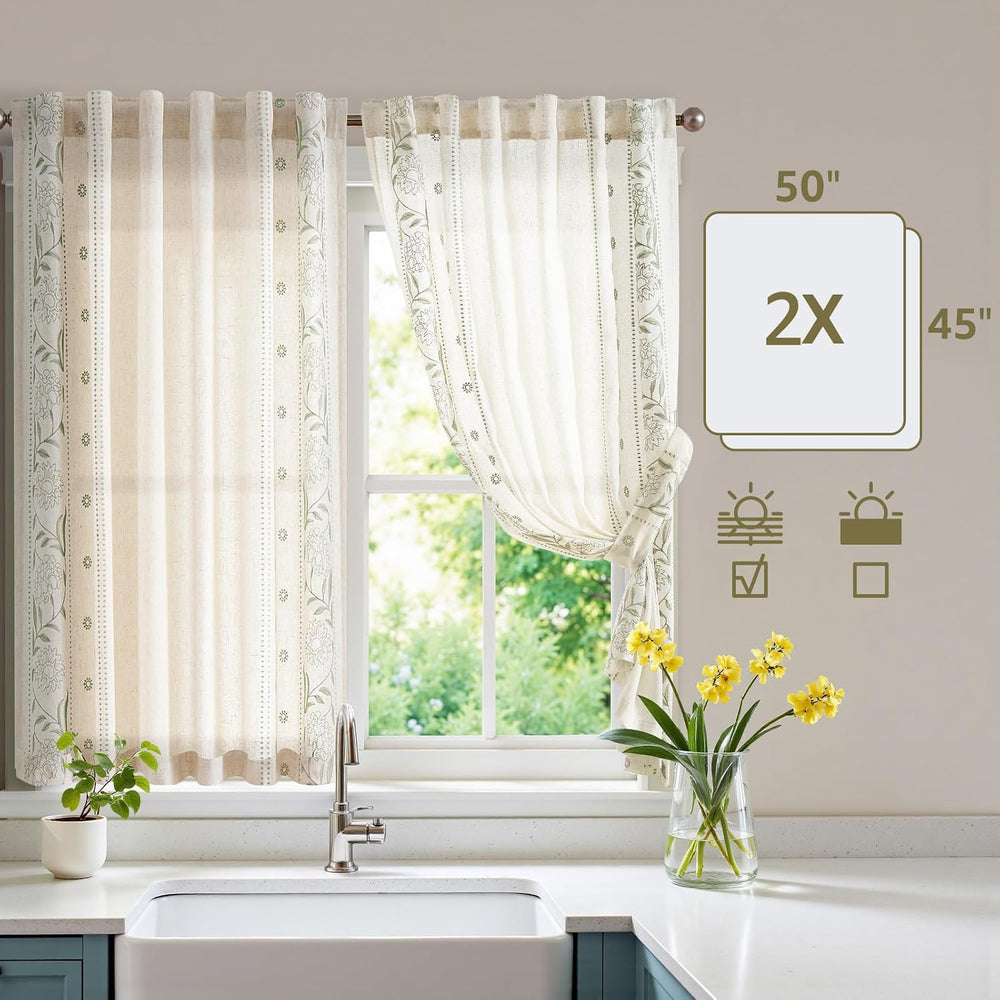JINCHAN Green Floral Linen Kitchen Tier Curtains 45 Inch Back Tab 2 Panels