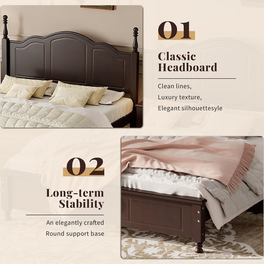 Dark Walnut Wood Bed Frame Full Size with Wave Shaped Headboard
