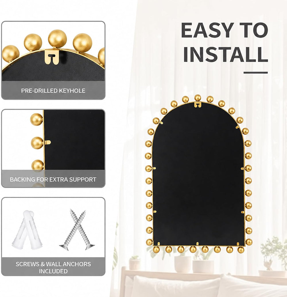 24x36 Inch Arched Wall Mirror, Antique Gold Beaded Beveled Glass
