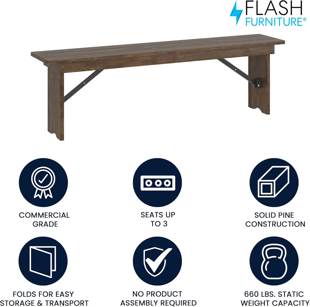 Flash Furniture Hercules 60x12 in Commercial Folding Bench, Rustic | Foldable...