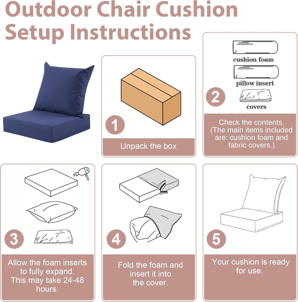 Outdoor Deep Seat Cushion Set, 24x24 Inch, Navy Blue, Set of 1