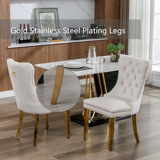 Beige Velvet Dining Chairs Set of 4, Upholstered Dining Room Chairs with Back...