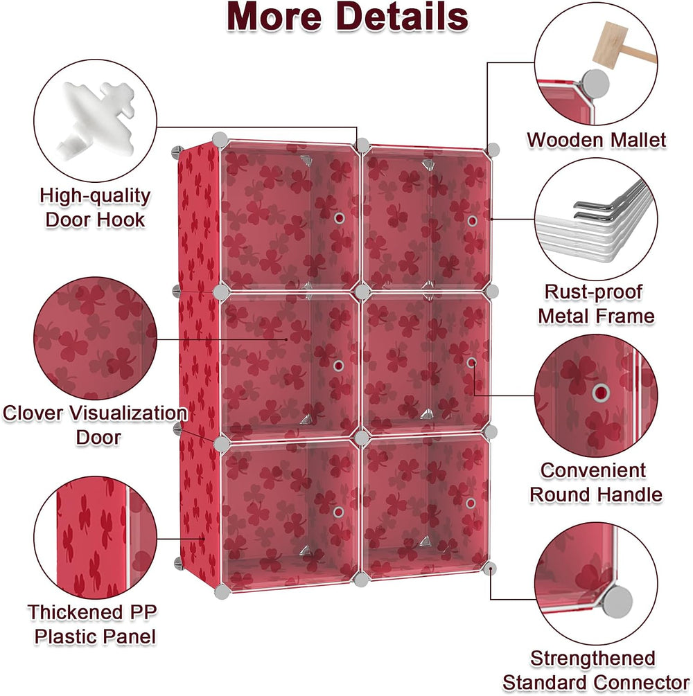 C&AHOME Clover Embossed 6-Cube Storage Organizer with Doors Cube Shelf Red