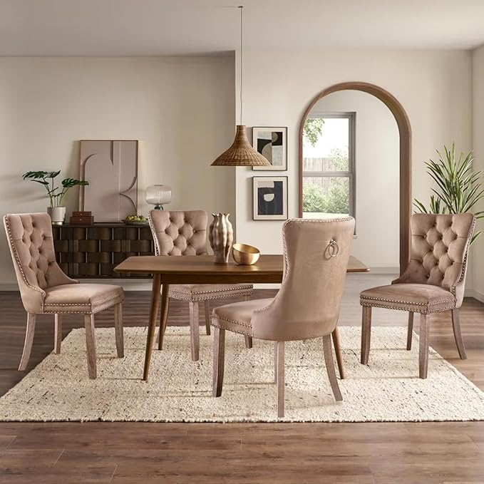 Velvet Upholstered Dining Chairs Set of 4, Modern Style Kitchen Side Chairs w...