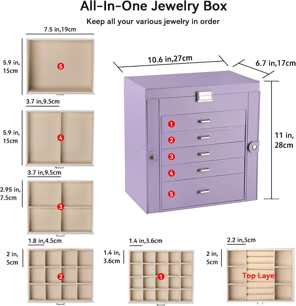 Frebeauty 6-Layer Jewelry Box for Women,Large Jewelry Organizer with Drawer