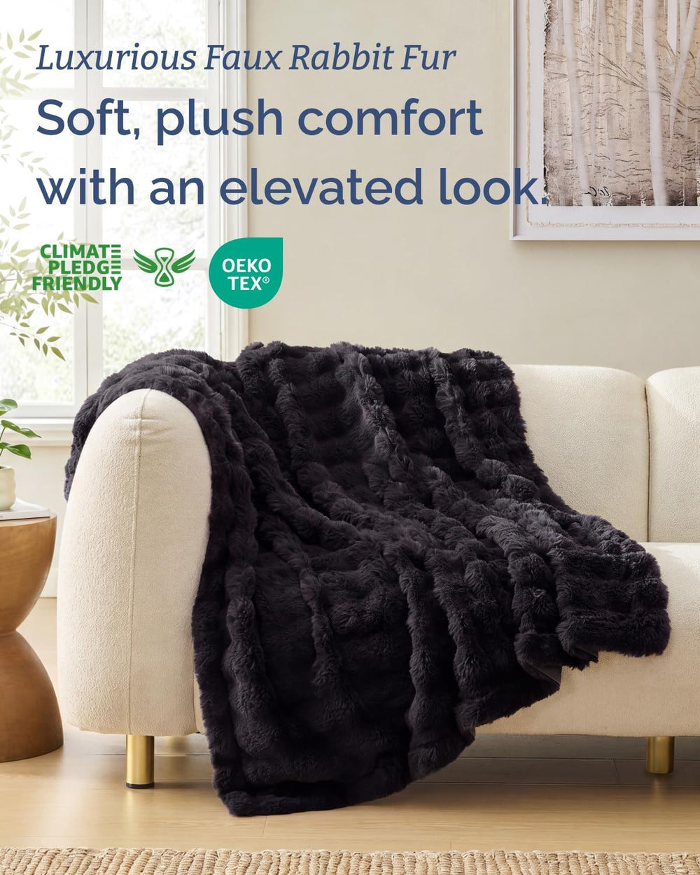 Faux Fur Throw Blanket - Throw Size Bubble Blanket - 50" x 60", Black