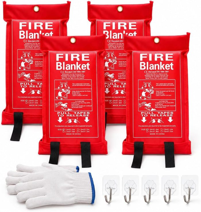 4 Pack,40"x40",Emergency Fiberglass Fire Blanket,Fire Suppression,Hooks
