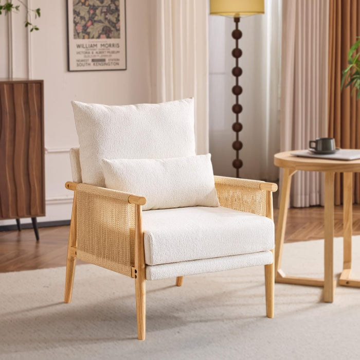 VINGLI Boho Braid Accent Armchair,Mid-Century Modern Chiar with Solid Wooden Armrest,Comfy Louge Cushion Chair with Waist Pillow for Bedroom,Living Room,Reading Room, Beige