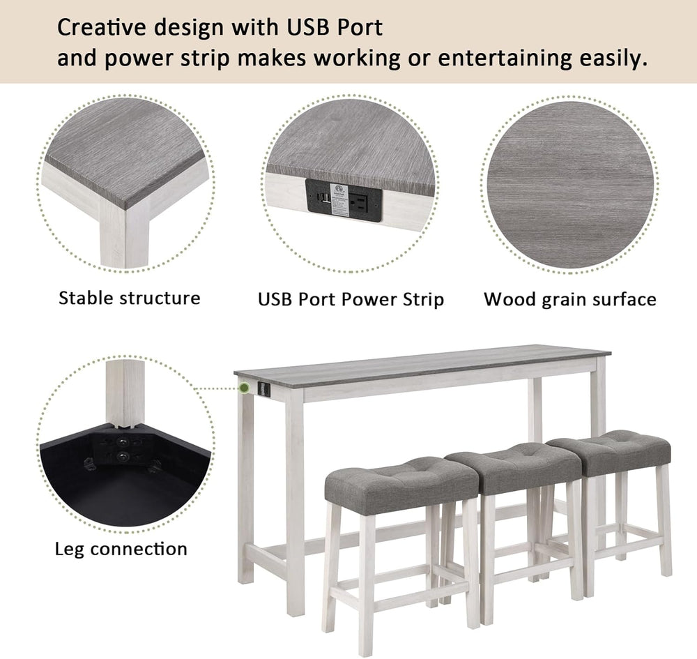 KEIKI 4-Piece Bar Table Set with Charging Ports, 59" Industrial Kitchen ...