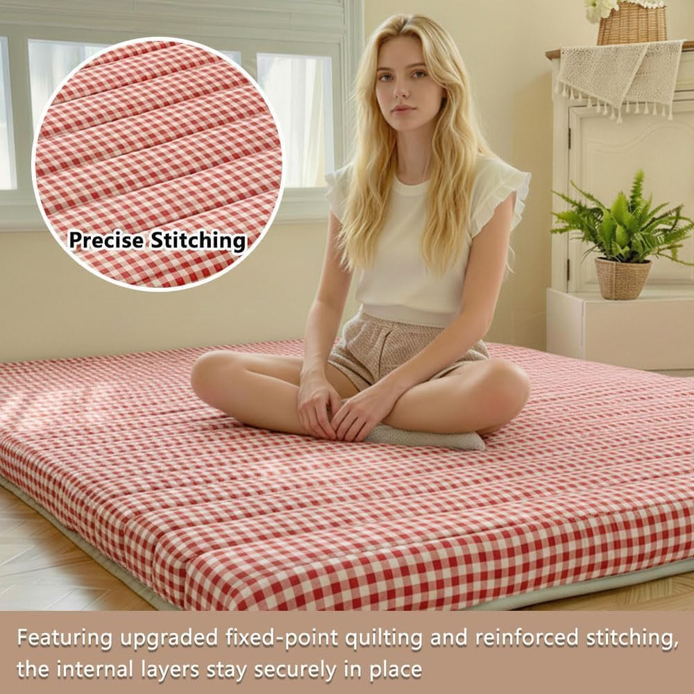 Red Gingham Japanese Floor Mattress, Full Size 60" x 80", 3.5"...
