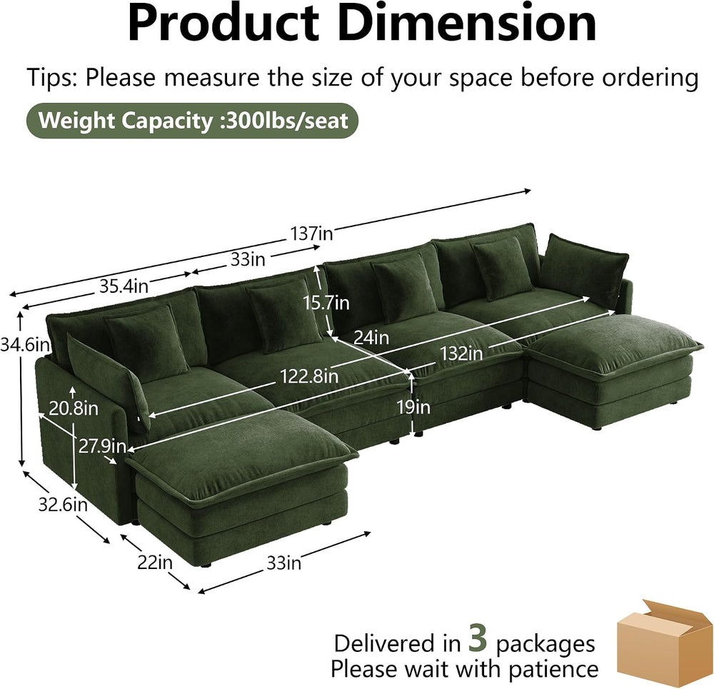 137” Oversized Cloud Sectional Sofa Couches for Living Room, Green
