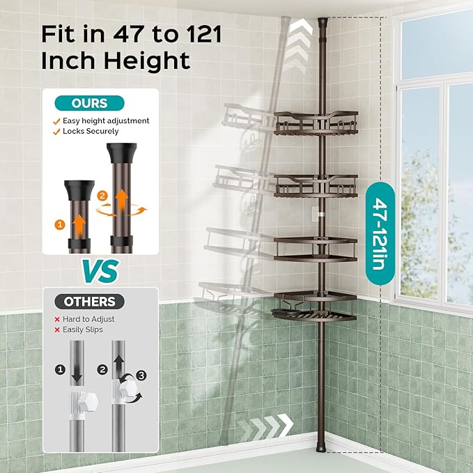 HAMITOR Corner Shower Caddy Tension Pole: Rustproof Stable 4-Tier Bathroom