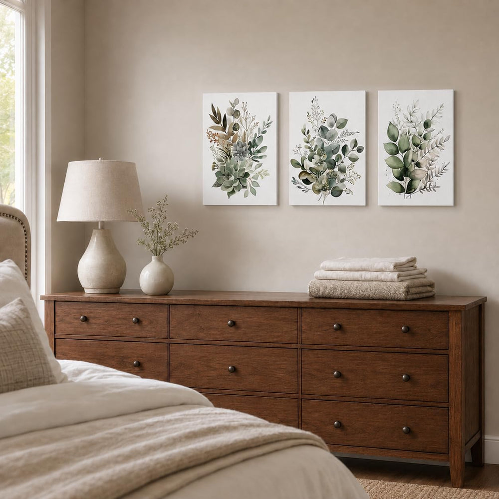 Bwodke Sage Green Botanical Canvas Wall Art Set of 3, 12x16 inch