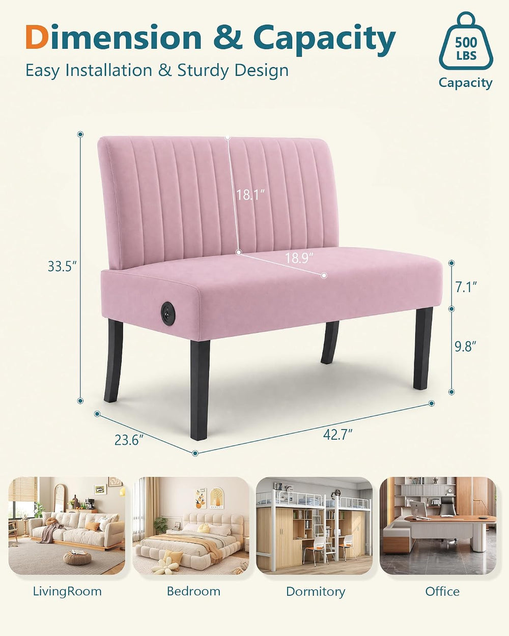 Oversized Armless Accent Chair Loveseat, Small Sofa, Pink Velvet, Modern