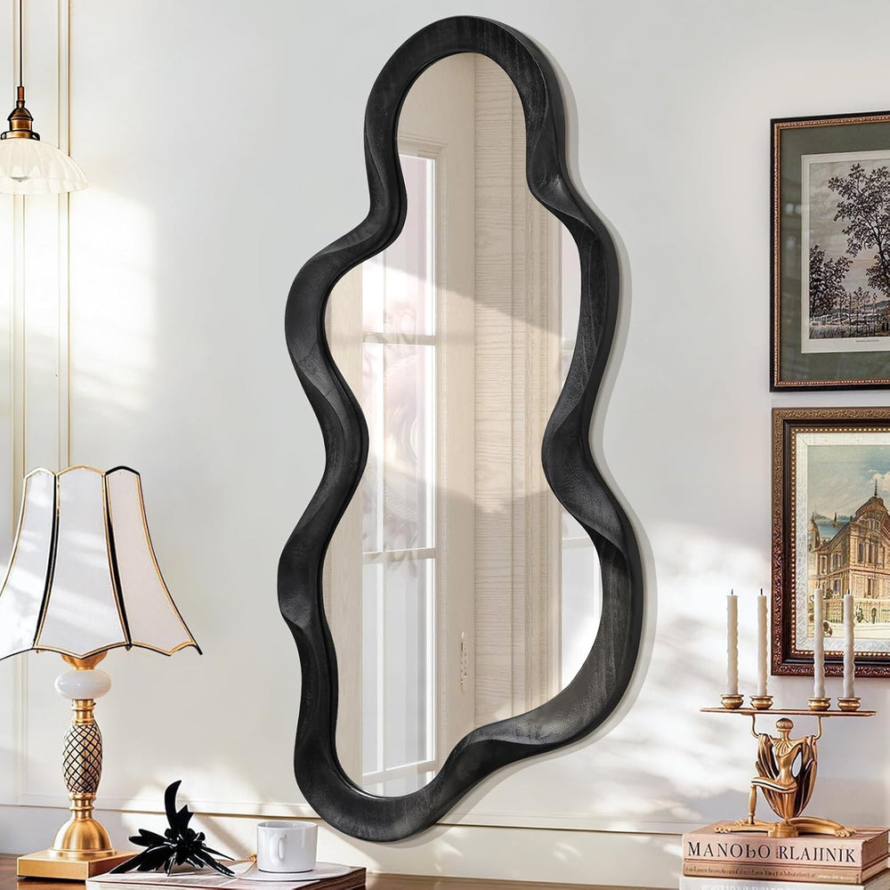 Black Asymmetrical Mirror, Wall Irregular Wood Frame Wavy Wall Mirror