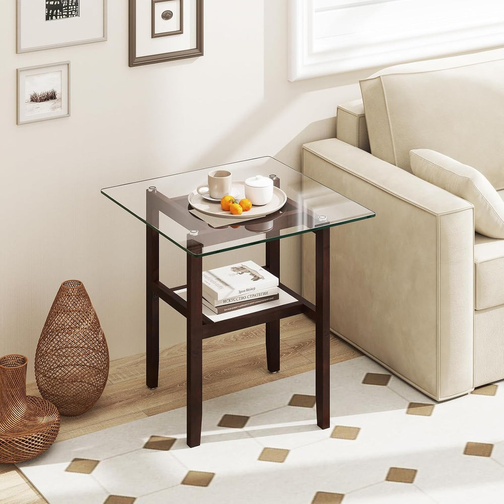 Tangkula 24" Square Glass Side Table, 2-Tier End Table with Storage Shel...