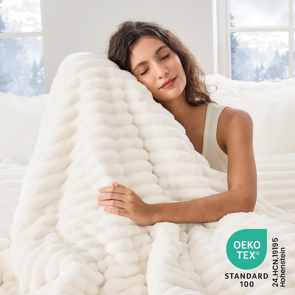 Sasttie Fluffy Queen Comforter Set, 3 PC Soft Fleece Bedding, Cream White