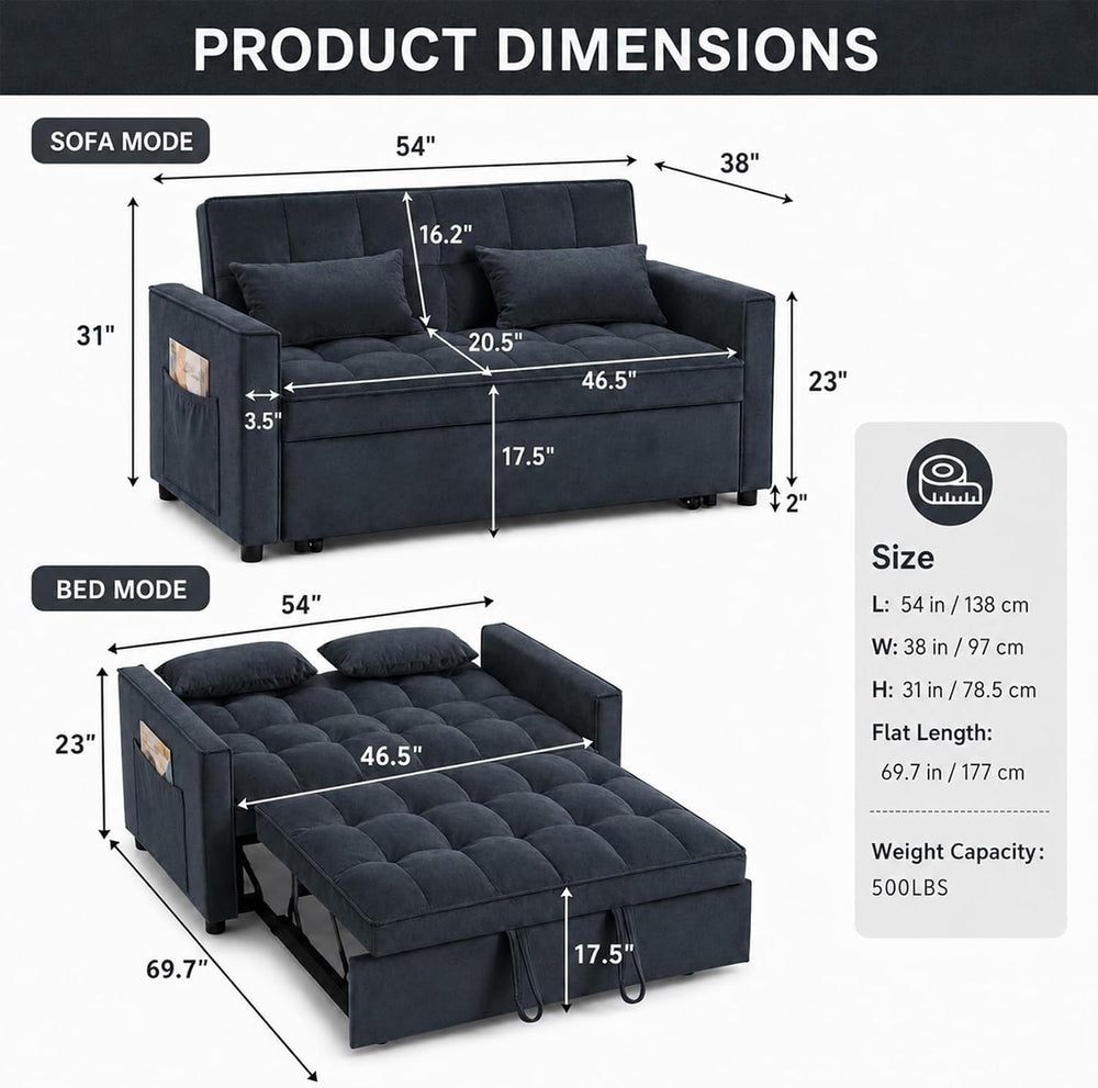3 in 1 Pull Out Couch Bed, Convertible Futon Sofa Bed, Velvet Sleeper Lovesea...