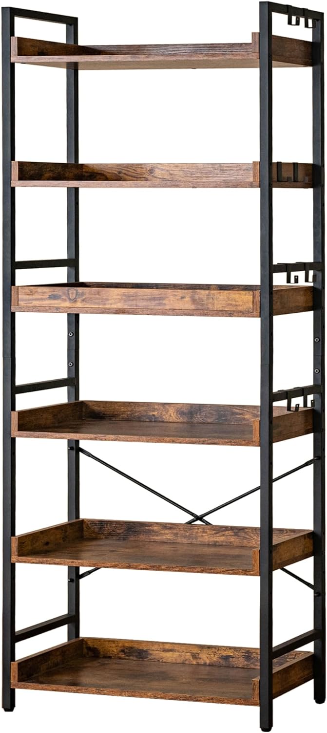 HCHQHS Adjustable 6 Tier Open Bookcase, Rustic Farmhouse Book Shelves, Indust...