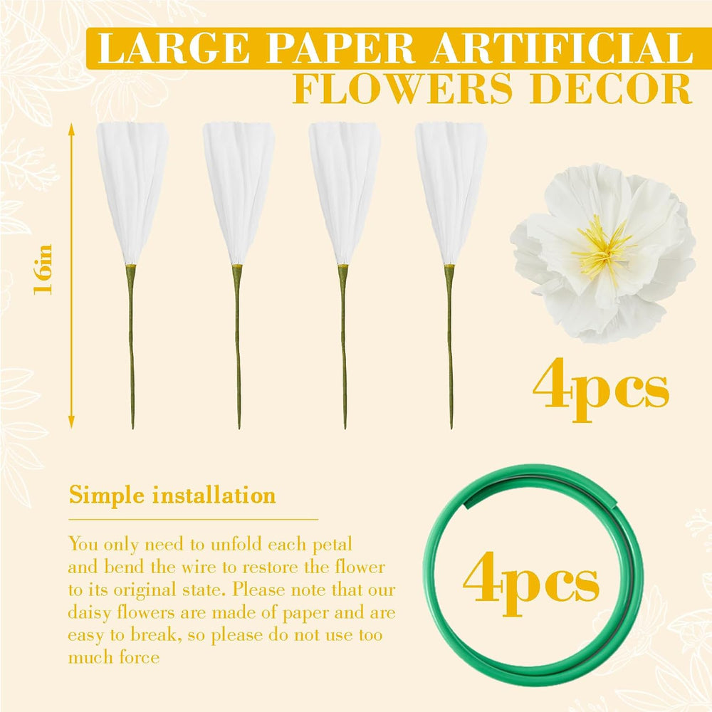 4 Pcs 5ft Large Paper White Poppy Flower Giant Artificial Poppy