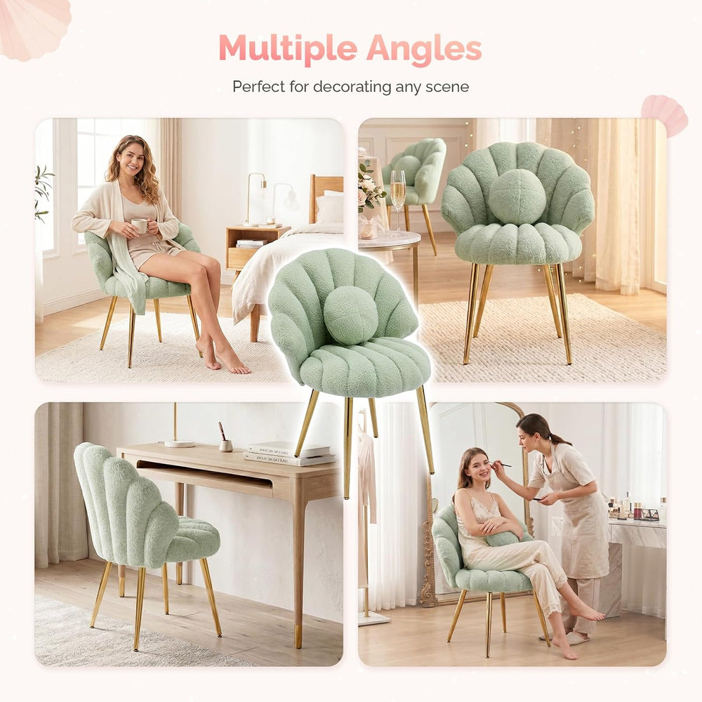 VINGLI Shell-Shaped Teddy Fleece Accent Vanity Chair with Back,Comfy Green an...