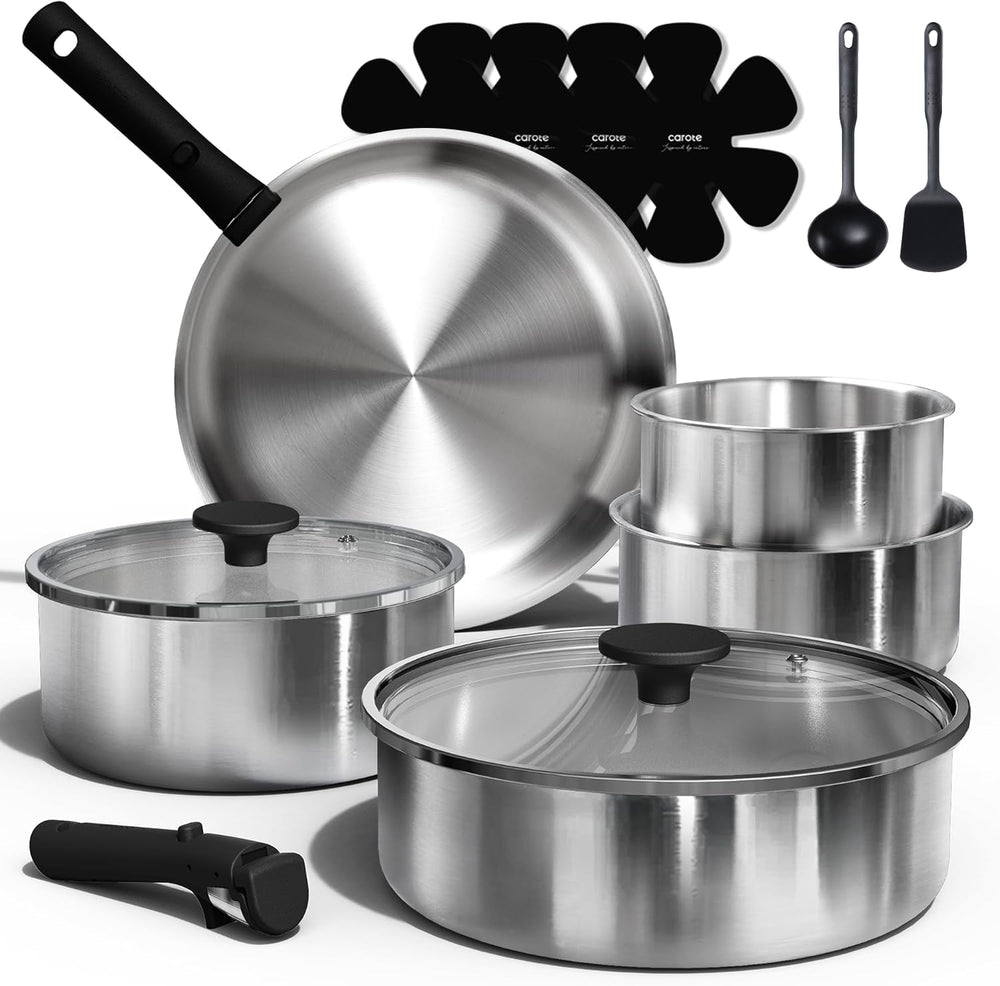 CAROTE Pots and Pans Set, Stainless Steel Cookware Set Detachable Handle