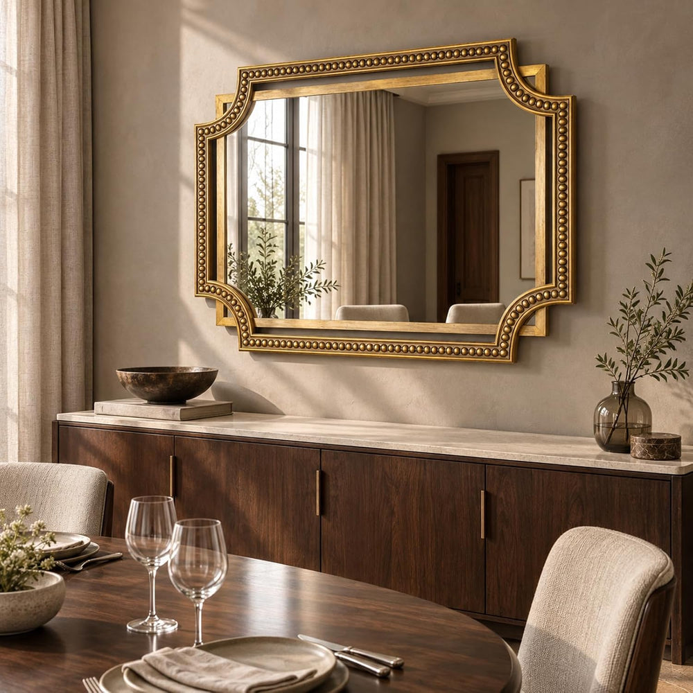Gold Rectangle Wall Mirror, 40x30 Inch Scalloped Beaded Frame for Bathroom