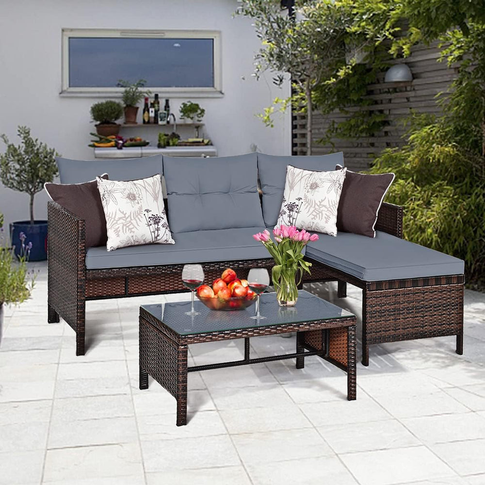 HAPPYGRILL 3 PCS Patio Conversation Set Sectional Rattan Wicker Sofa Set with...