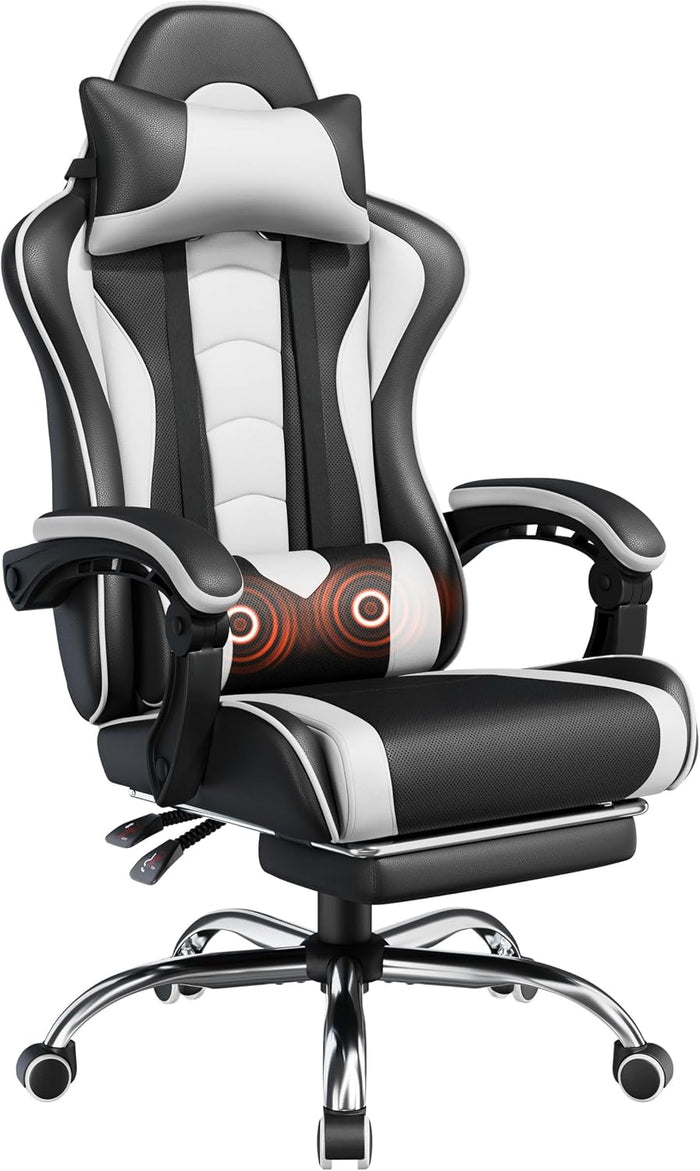 Yaheetech Gaming Chair with Footrest Massage Lumbar Pillow Black and White
