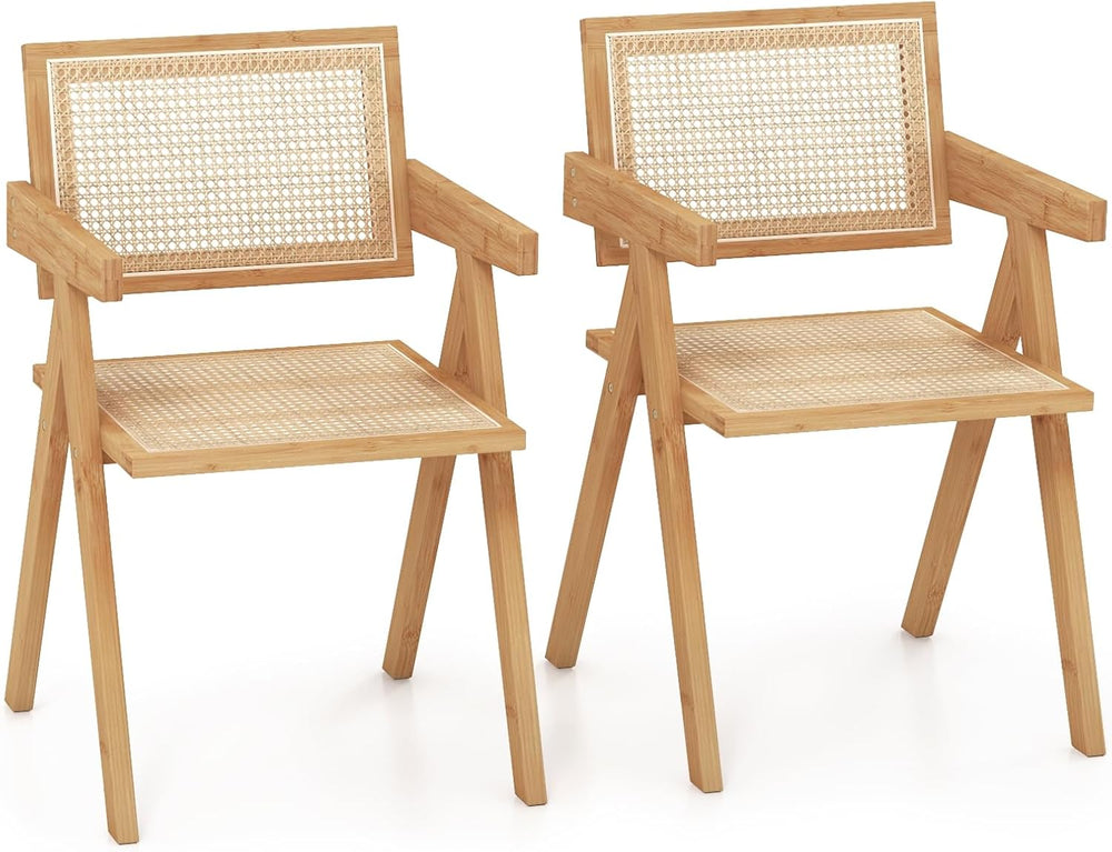 Giantex Boho Cane Dining Chairs Set of 2, Max Load 330 Lbs, Wooden Dining Cha...