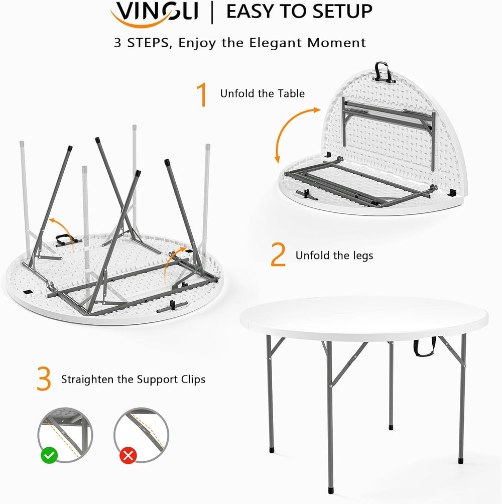 VINGLI White 48" Round Bi-Folding Commercial Table, 4 Feet Portable Plas...