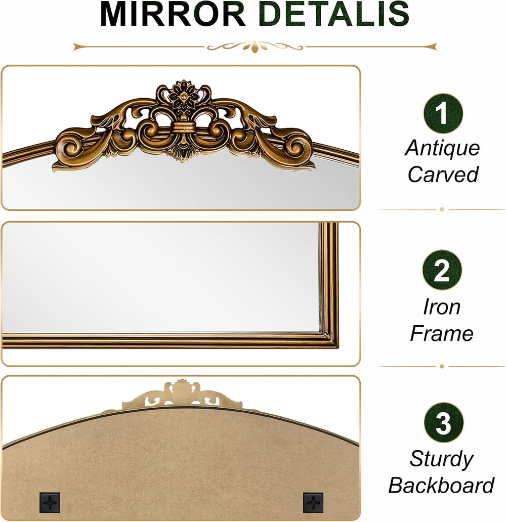 Vintage Gold Mirror, 40"x29" Arched Antique Gold Wall Mirror Baroque