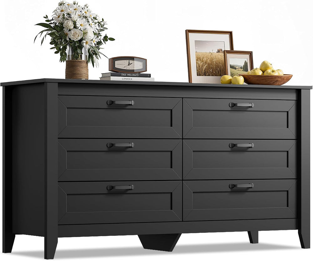 WLIVE Black Dresser 6 Drawers for Bedroom, Wood Dresser TV Stand for 55" TV
