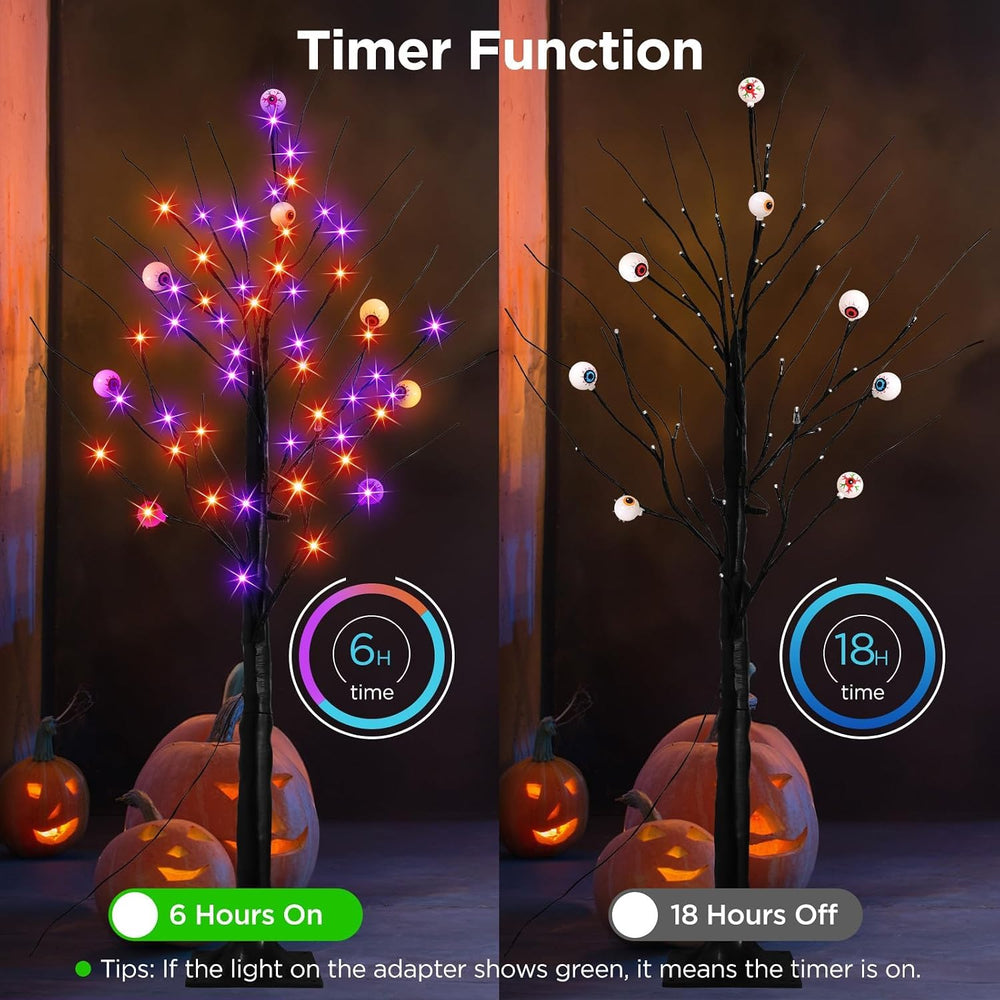 2 Pack 4FT Lighted Black Halloween Tree, Purple & Orange Lights with Timer