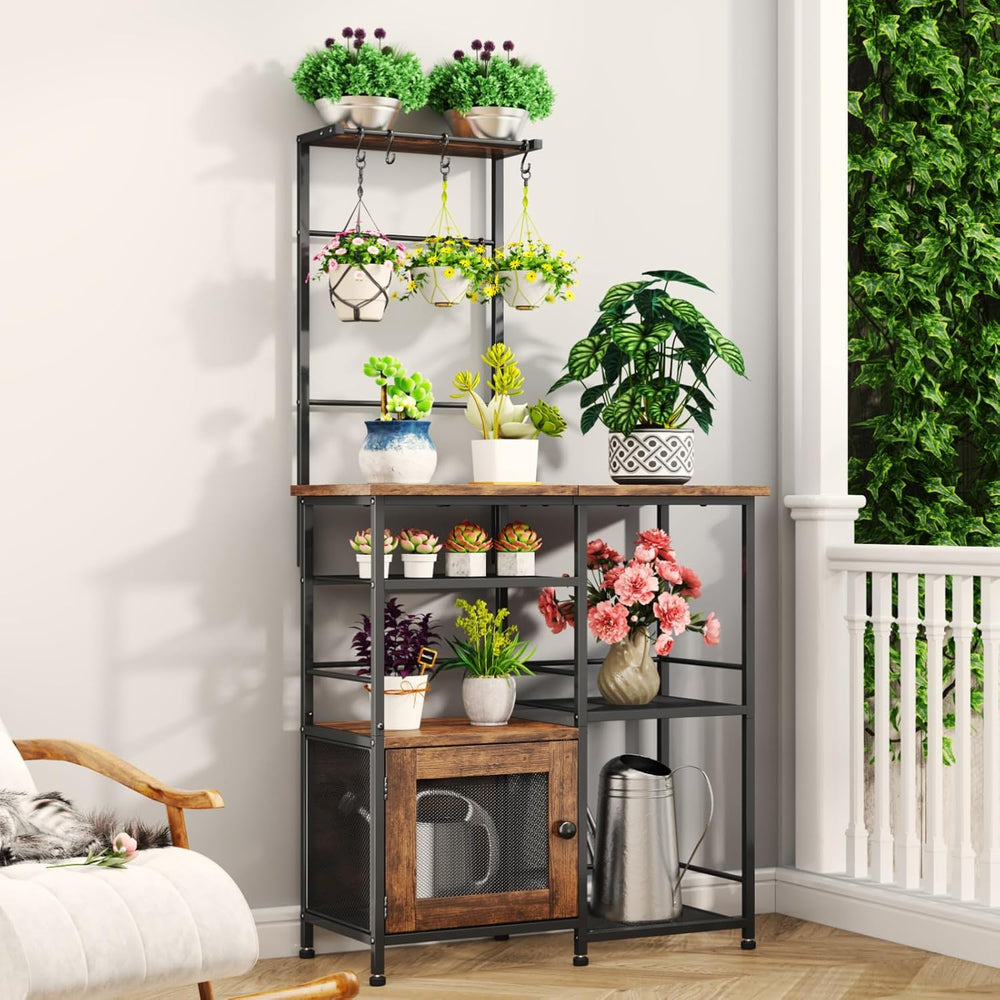 SWTYMIKI Bakers Rack with Storage - Coffee Bar Cabinet Organizer with 8 Hooks...