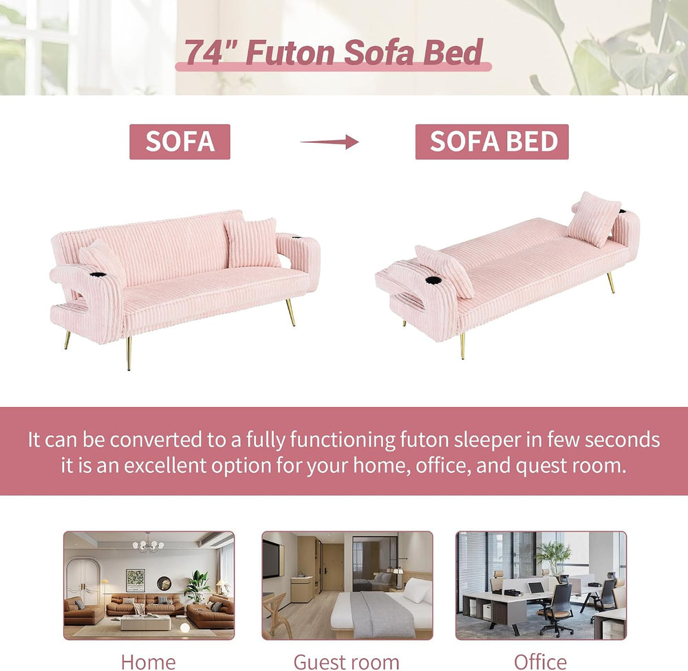 74" Modern Corduroy Sofa Bed Futon,Convertible Sleeper Bed Couch with Du...