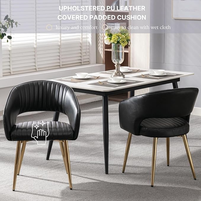 Faux Leather Dining Chairs Gold Legs, Modern Black PU Leather Dining Room Cha...