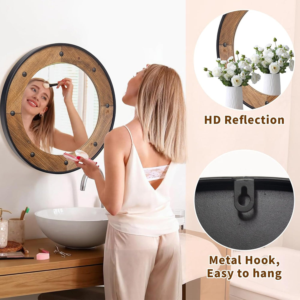 Rustic Round Wall Mirror 24 Inch, Natural Wood Frame with Black Metal Trim, I...