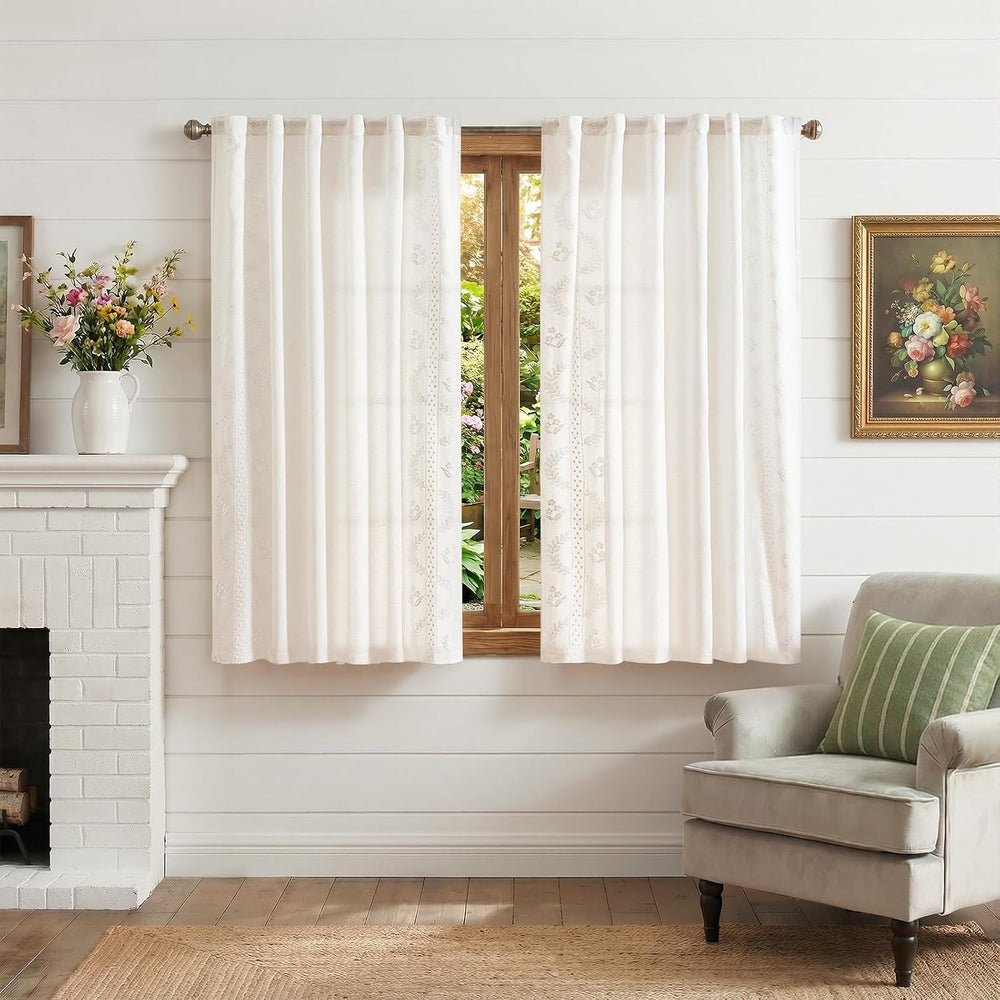 jinchan White Floral Linen Kitchen Tier Curtains 50x45 Inch 2 Panels
